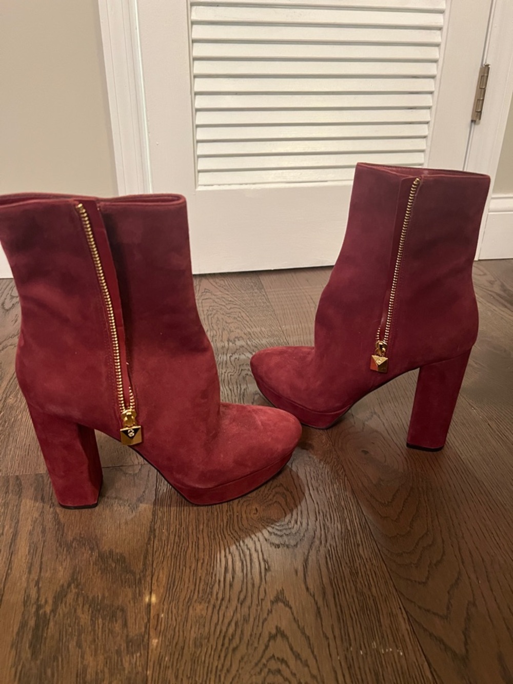 Michael Kors Burgundy Suede Platform Ankle Boots with Gold Zip Charm
